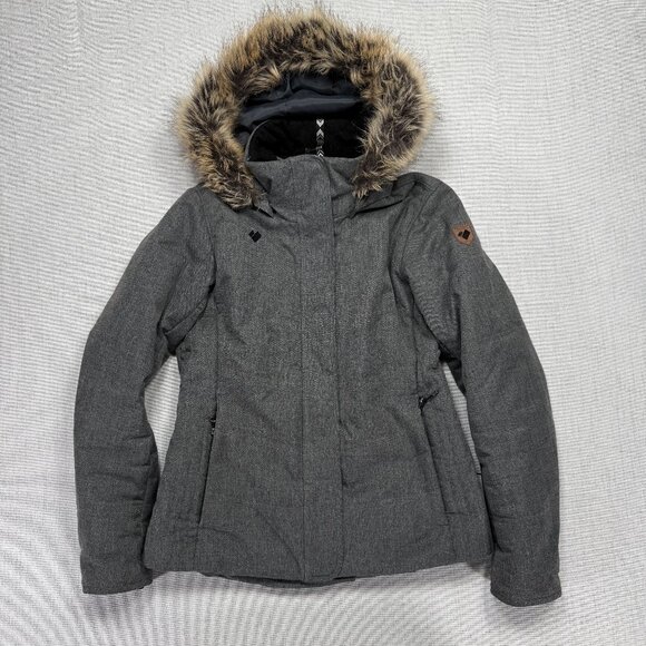 Obermeyer Tuscany II Insulated Ski Jacket Heathered Gray Faux Fur Trim Size 8 - Picture 1 of 12